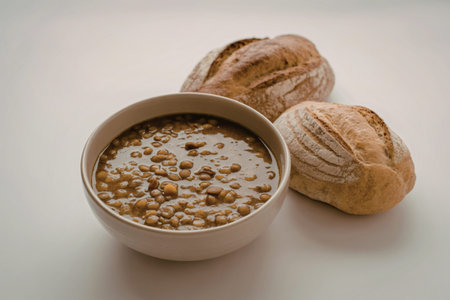 Lentil soup in a bowl and bread on a white backgroundの写真素材