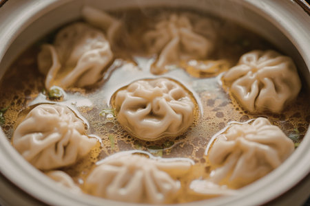 A photograph of a bowl filled with dumpling soupの写真素材