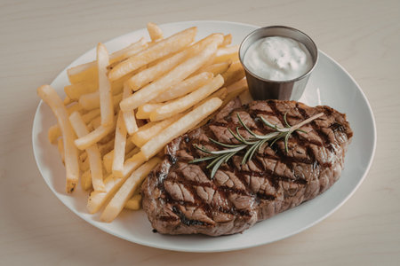 a plate of golden-brown fries and a grilled steakの写真素材