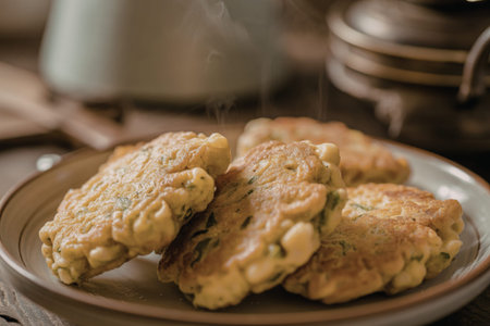 A photograph of homemade fritters arranged on a plateの写真素材