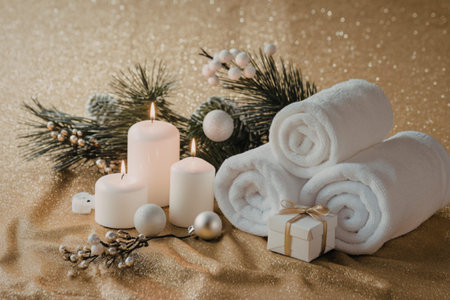 A serene spa setting against a golden, glittery backgroundの写真素材