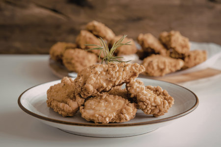 a white plate with a few fried chicken nuggetsの写真素材