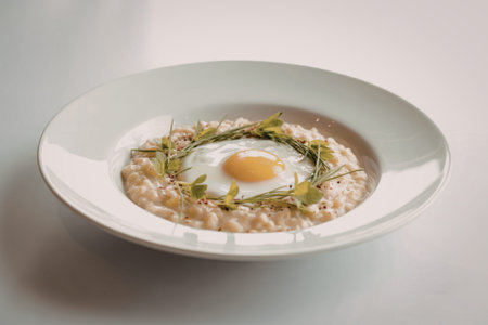 a white ceramic bowl filled with creamy, perfectly textured porridgeの写真素材