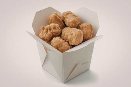 fried chicken nuggets arranged in an open white cardboardの写真素材