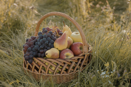 a wicker basket overflowing with fresh organic fruitの写真素材