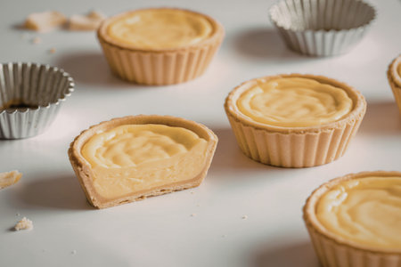A food photography shot of multiple small golden-yellow custard tartsの写真素材