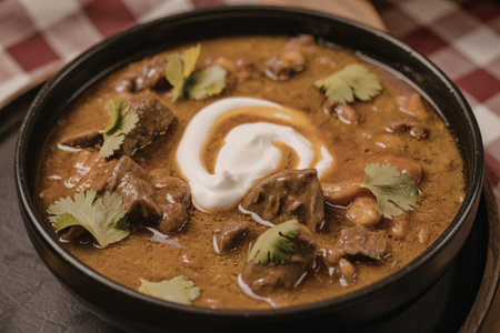 a hearty beef stew served in a glossy black ceramic bowlの写真素材