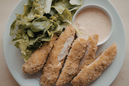a plate of food with crispy, breaded chicken strips,の写真素材
