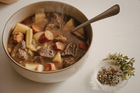 A rustic ceramic bowl filled with hearty beef stewの写真素材