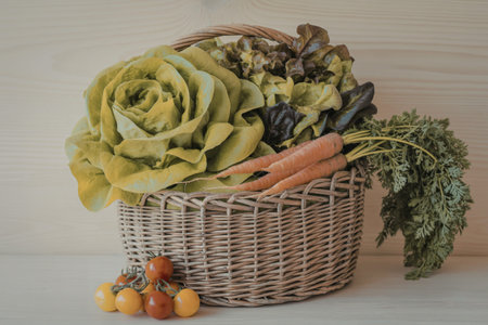 a rustic wicker basket overflowing with fresh, vibrant vegetablesの写真素材