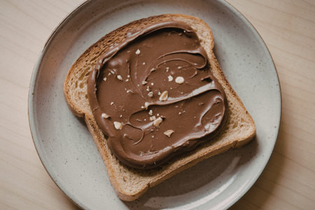 a piece of toast with chocolate hazelnut spreadの写真素材