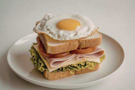 A photograph of a towering sandwich on a plateの写真素材