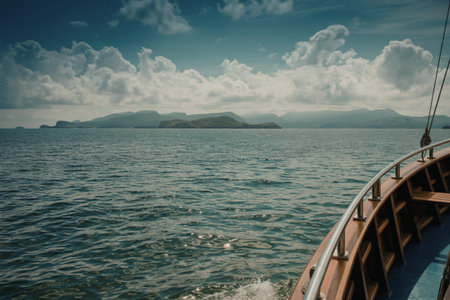 A serene seascape photo taken from the point of a boatの写真素材
