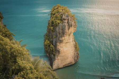 aerial photograph of a dramatic limestone sea stackの写真素材