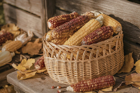 dried corn cobs in vibrant red and golden yellow huesの写真素材