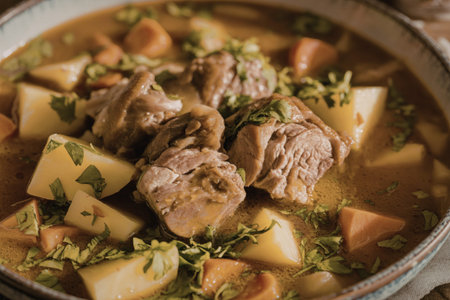 A close-up photograph of a hearty stew served in a rustic ceramic bowlの写真素材