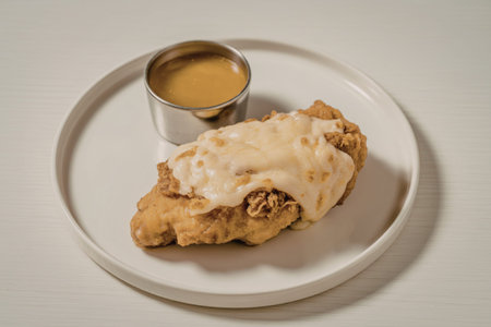 a golden-brown chicken fillet coated in crispy batterの写真素材