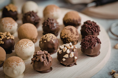 A photo of several chocolate candy trufflesの写真素材