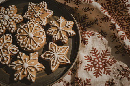 A photograph of intricately decorated gingerbread cookiesの写真素材