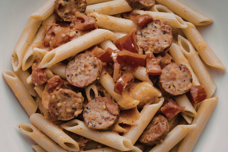 a plate filled with creamy penne pastaの写真素材