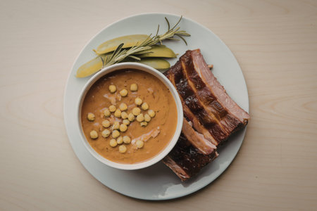 a plate of cooked pea soup with ribsの写真素材