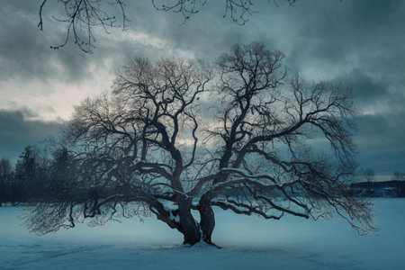 a winter tree with snow on its branchesの写真素材