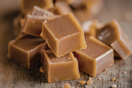 close-up photograph of golden-brown caramel candiesの写真素材