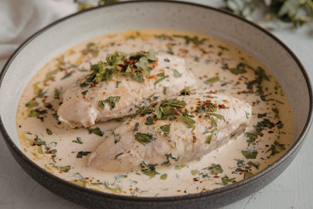 two chicken breasts submerged in a creamy, light-colored sauceの写真素材