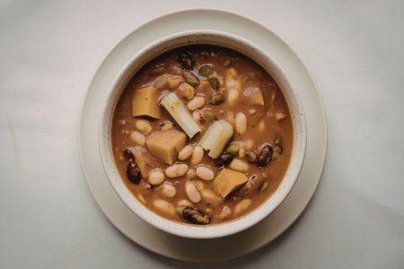 tomato soup with pumpkin, beans, and celeryの写真素材