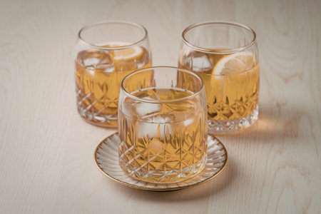three glasses filled with a golden brandyの写真素材