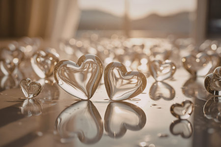translucent gold hearts floating on a reflective surfaceの写真素材