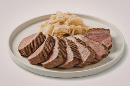 grilled beef fillet arranged on a ceramic plateの写真素材