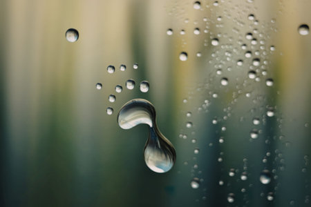 green background with various sizes of water dropletsの写真素材