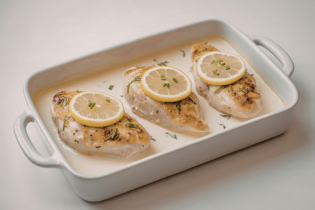 chicken fillets in a creamy white sauceの写真素材