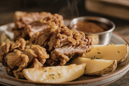 A close-up photograph of golden-brown crispy fried pork cutletsの写真素材