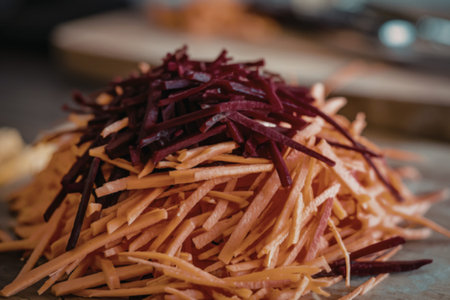 A close-up photograph of a vibrant shredded vegetable saladの写真素材