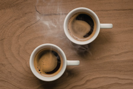 white ceramic coffee cups filled with rich, dark espressoの写真素材