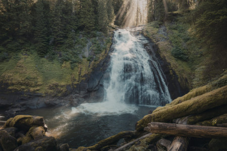 Thunder Creek Falls cascading down a steep rocky cliffの写真素材