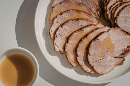 A close-up photograph of thinly sliced smoked hamの写真素材