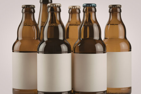 A close-up photograph of a group of amber glass beer bottlesの写真素材