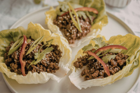 A close-up photograph of lettuce wrapsの写真素材