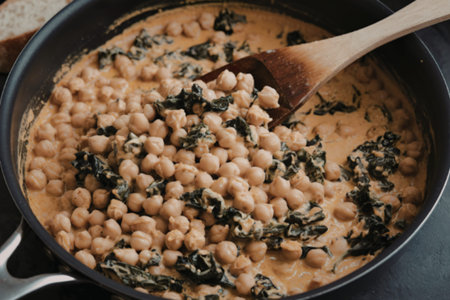 a pan filled with a creamy chickpea dishの写真素材