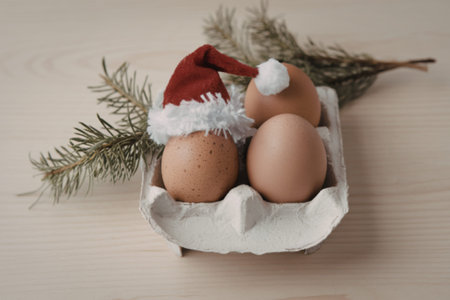A photo of a light wooden tray with chicken eggsの写真素材