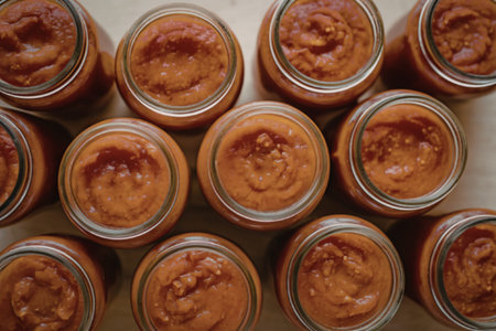 A photo of glass jars filled with orange-red tomato sauceの写真素材