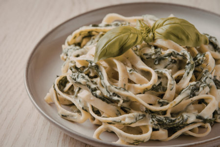 a plate of boiled fettuccine with a spinach sauceの写真素材