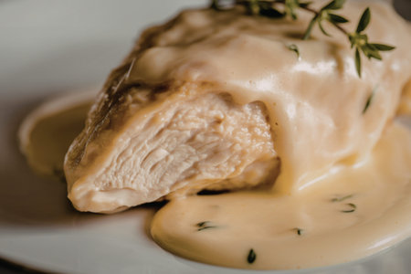 a side view of a perfectly cooked chicken breastの写真素材