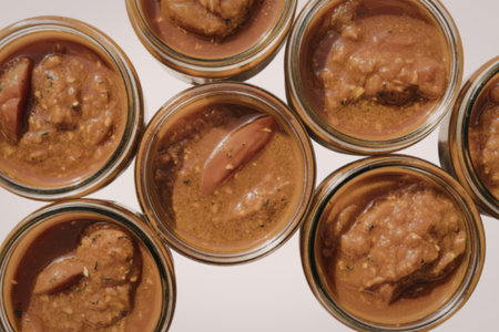 multiple glass jars filled with sauceの写真素材