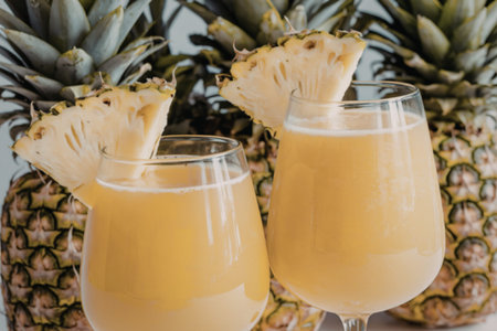 glasses filled with vibrant yellow pineapple juiceの写真素材