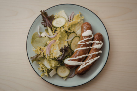 a salad of greens, lettuce leaves, cucumbers, and pink onionsの写真素材