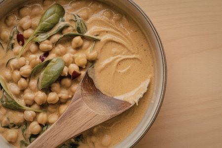 A photo of a bowl filled with a creamy chickpea dishの写真素材
